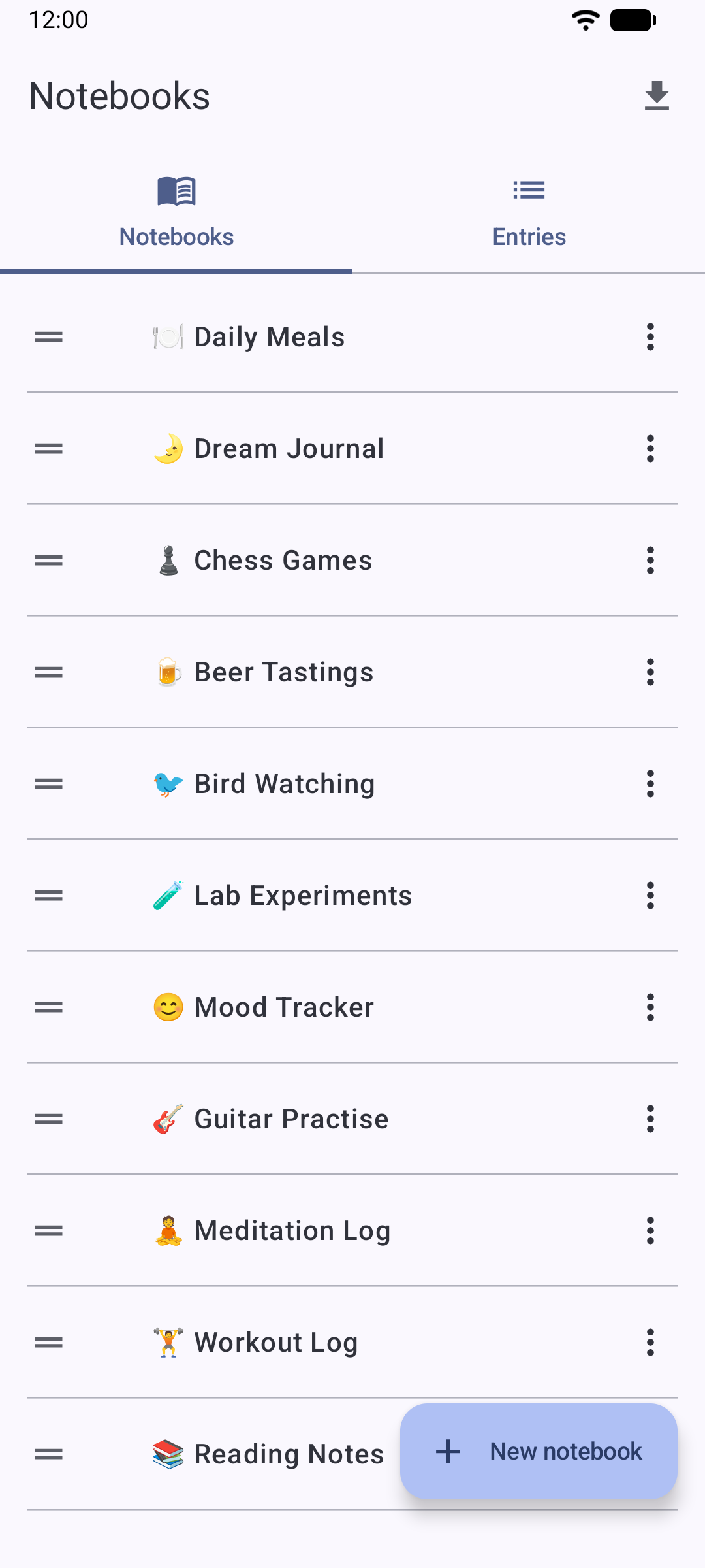 Jot's notebook list, with twelve notebooks such as Daily Meals, Dream Journal and Chess Games.