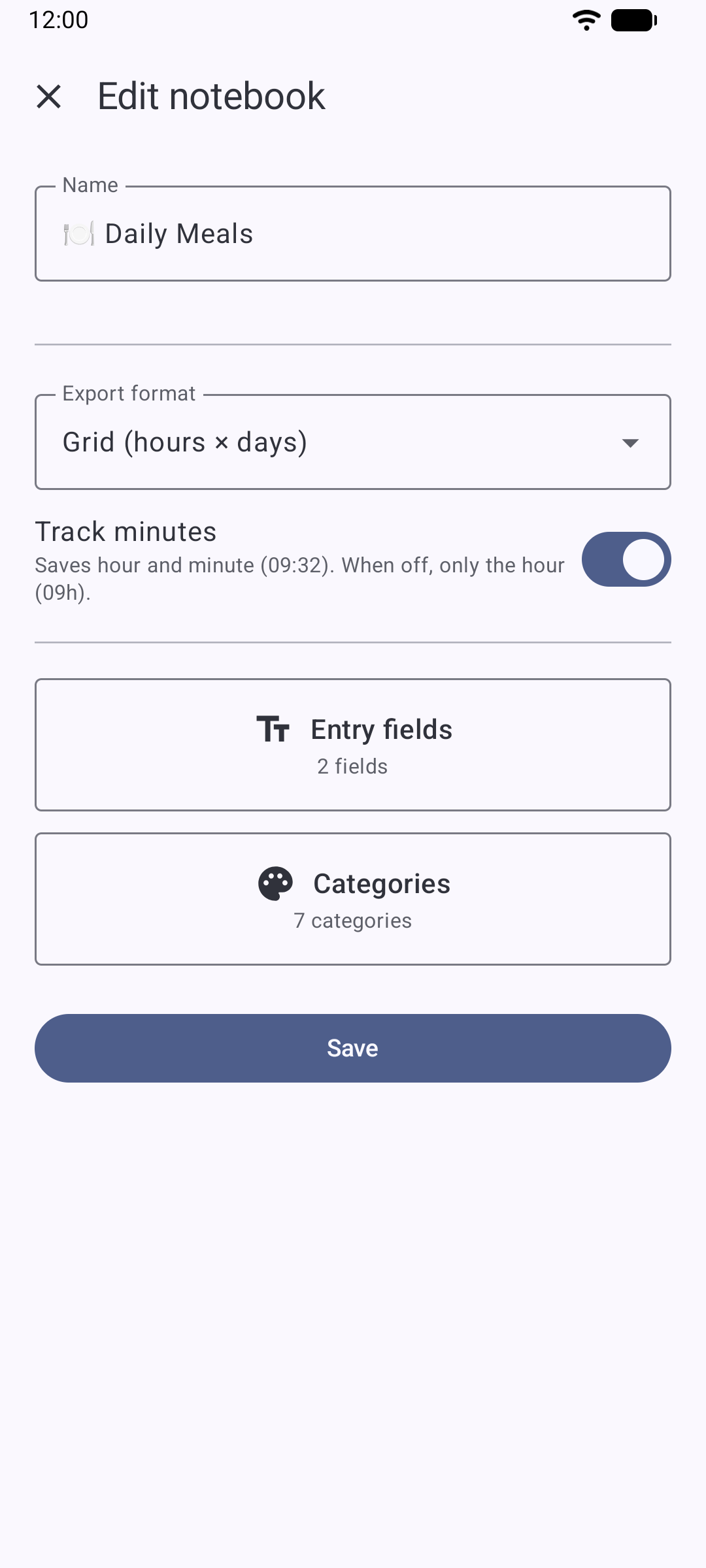 The Daily Meals notebook editor, with its name, the Grid export format, the time precision switch and the rows for entry fields and categories.