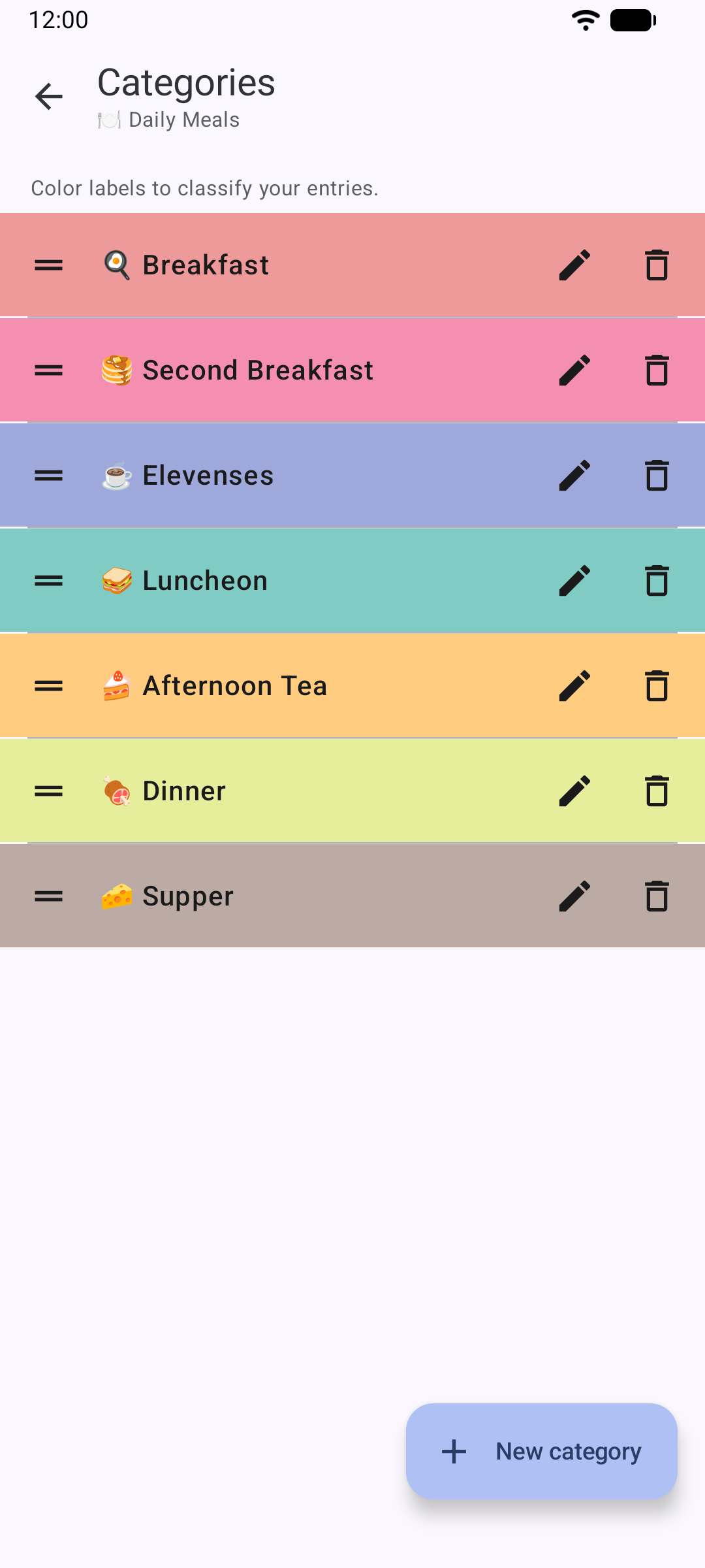 The Daily Meals categories screen, with seven color categories from Breakfast to Supper.