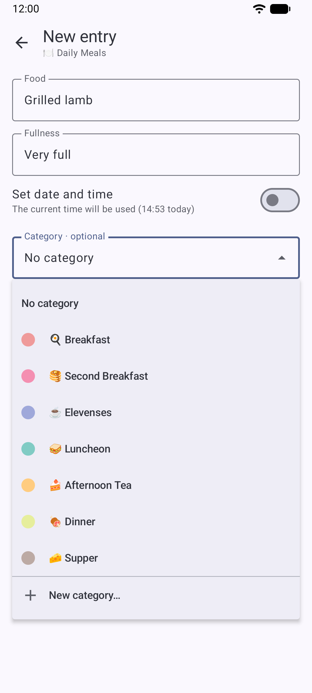 A new Daily Meals entry with the Food and Fullness fields filled in and the category dropdown open, showing the notebook's color categories with none selected.