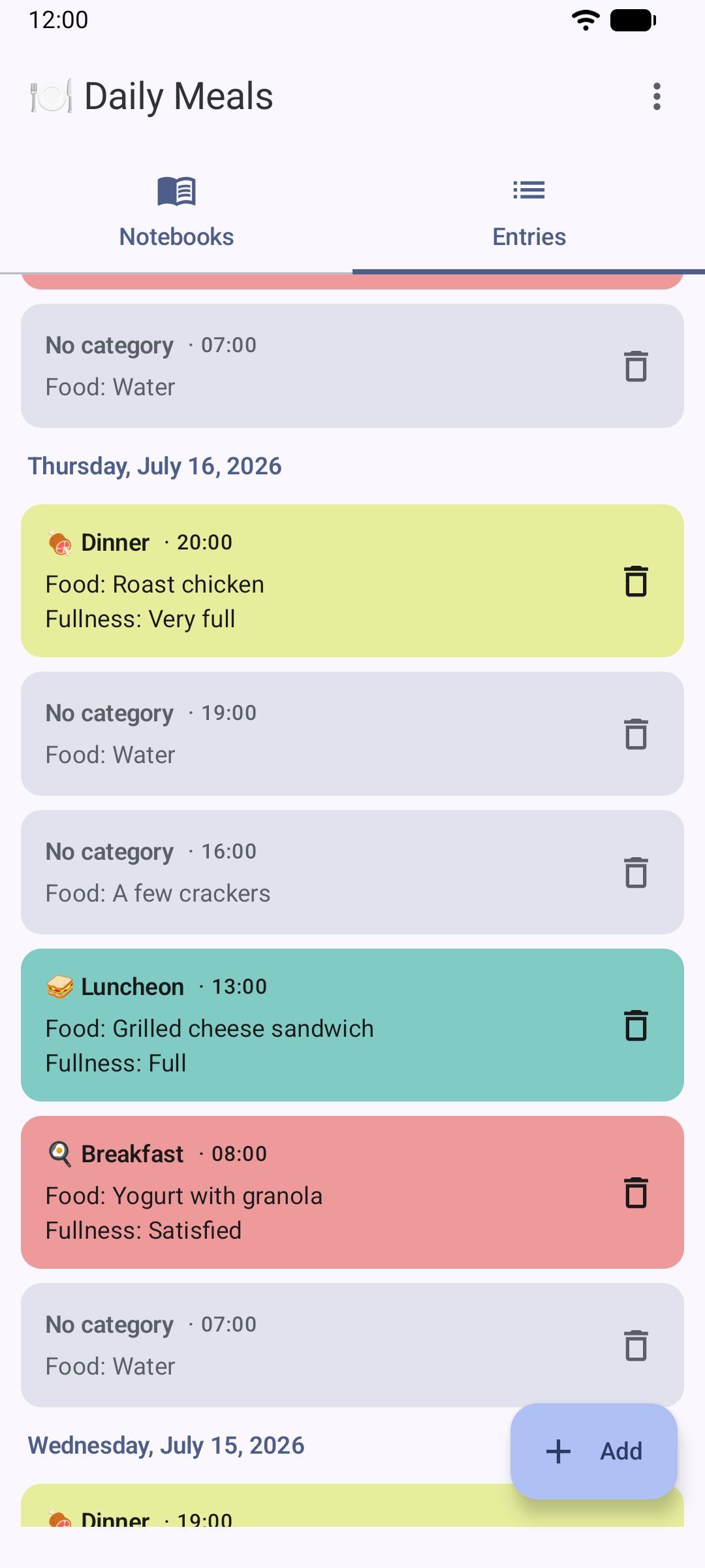 The Daily Meals entry list, scrolled so that entries from three consecutive days are visible, separated by their date headings, colored by their category and others with no category.