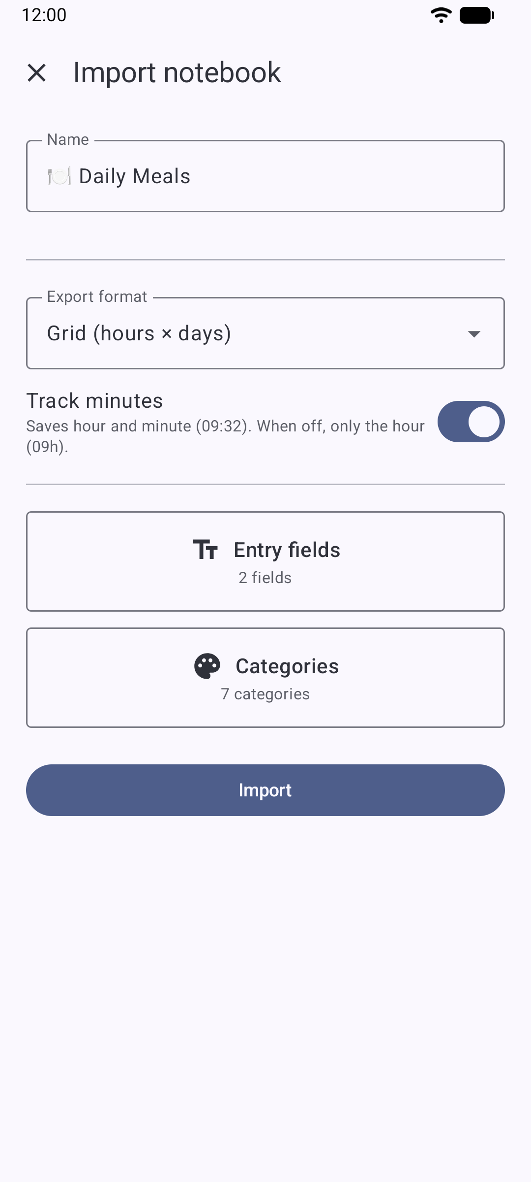 The review screen when importing the Daily Meals template, with its name, its two fields and its seven categories.
